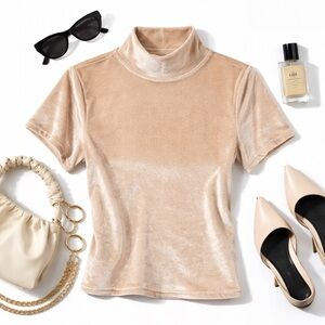 Madewell Velvet Mock Neck Top | Neutral Champagne Beige | Size S